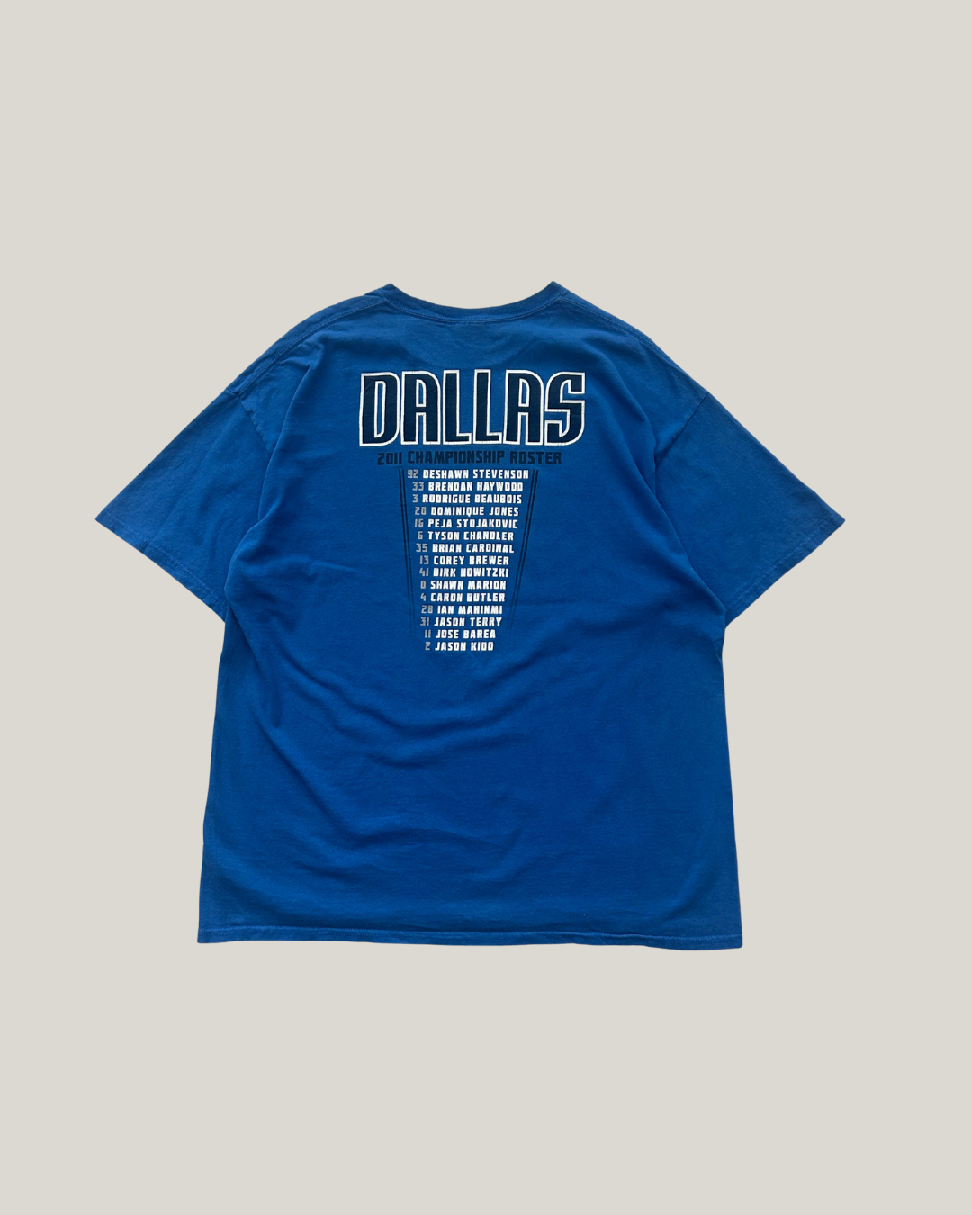 Blue t-shirt with 'DALLAS' printed on the back against a light gray background