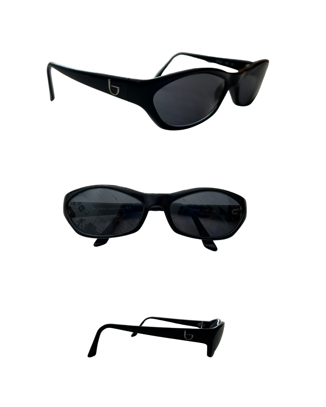 Black vintage byblos sunglasses with a brand logo on a white background