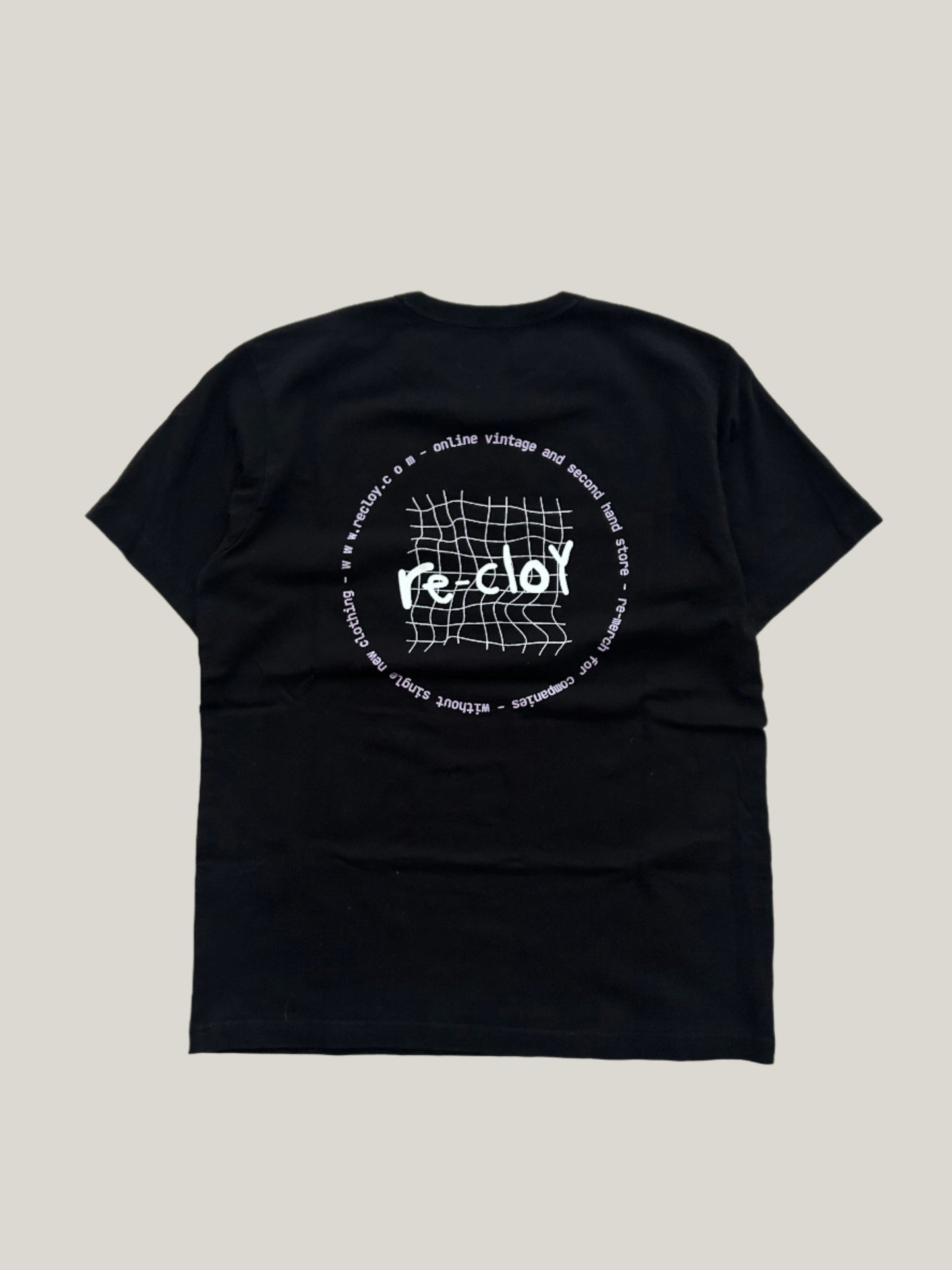 black re-cloy merch t-shirt with white and pink text and graphics on a beige background