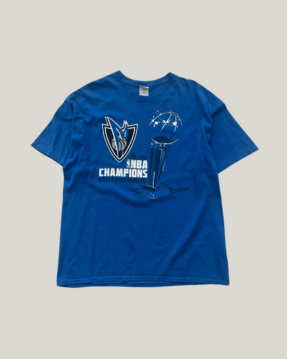 Blue t-shirt with NBA Champions logo on a gray background