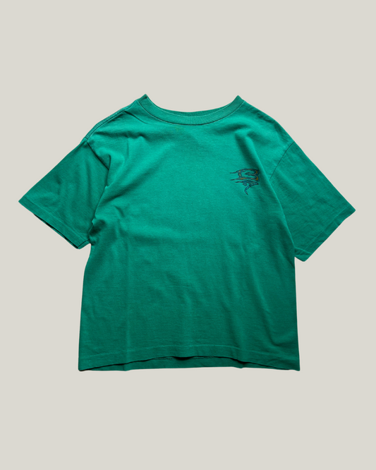 Green Bugle Boy t-shirt with a logo on the left chest