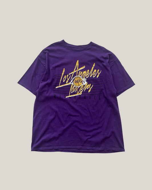 Purple t-shirt with 'Los Angeles lakers'  logo on a beige background