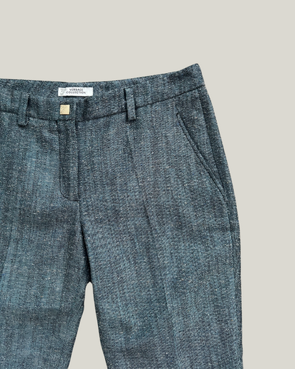 close-up of blue versace pants 