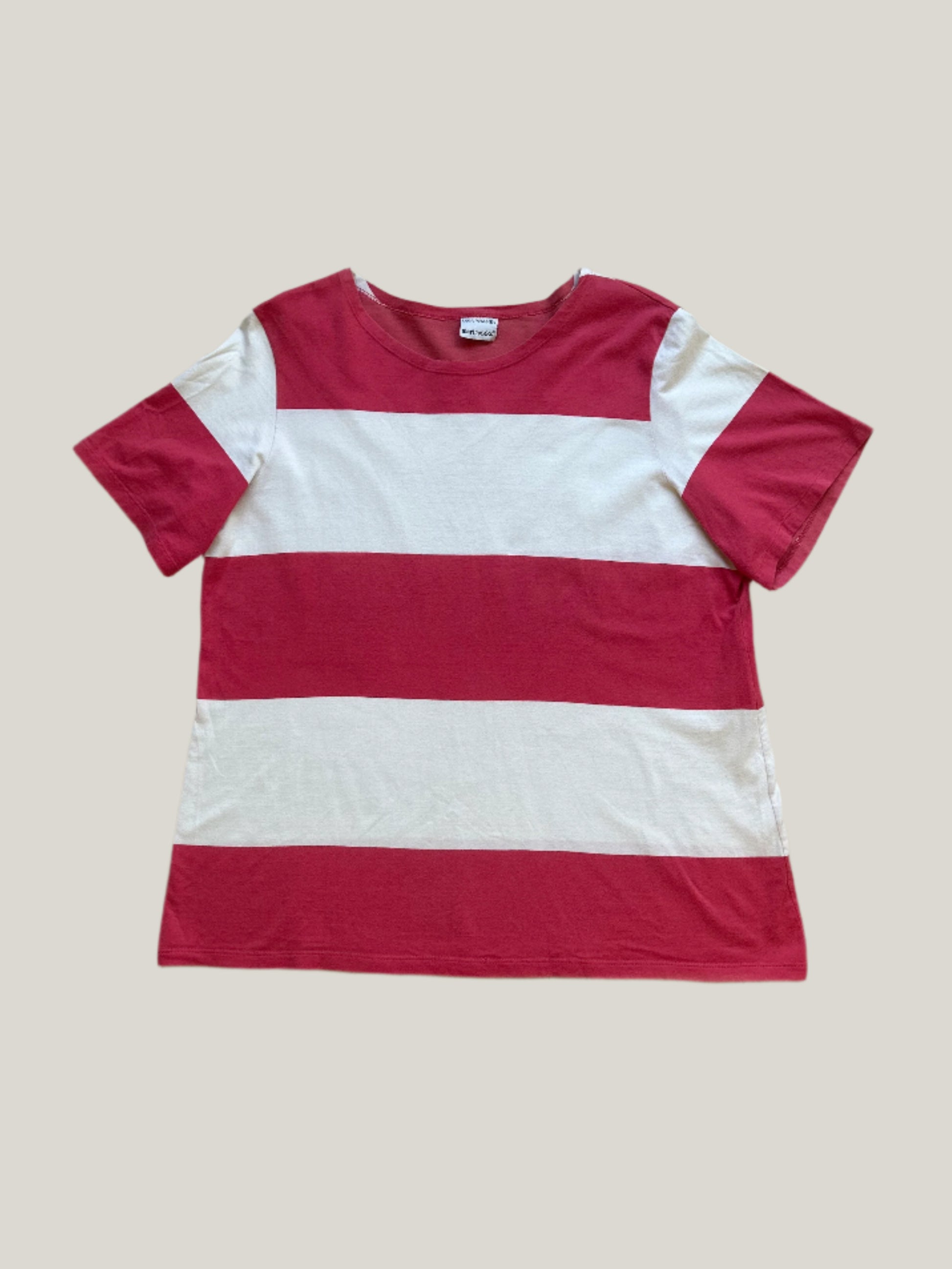 A red and white horizontally striped Marimekko T-shirt, designed by Mika Piirainen.