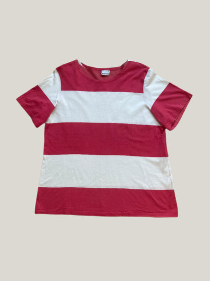 A red and white horizontally striped Marimekko T-shirt, designed by Mika Piirainen.