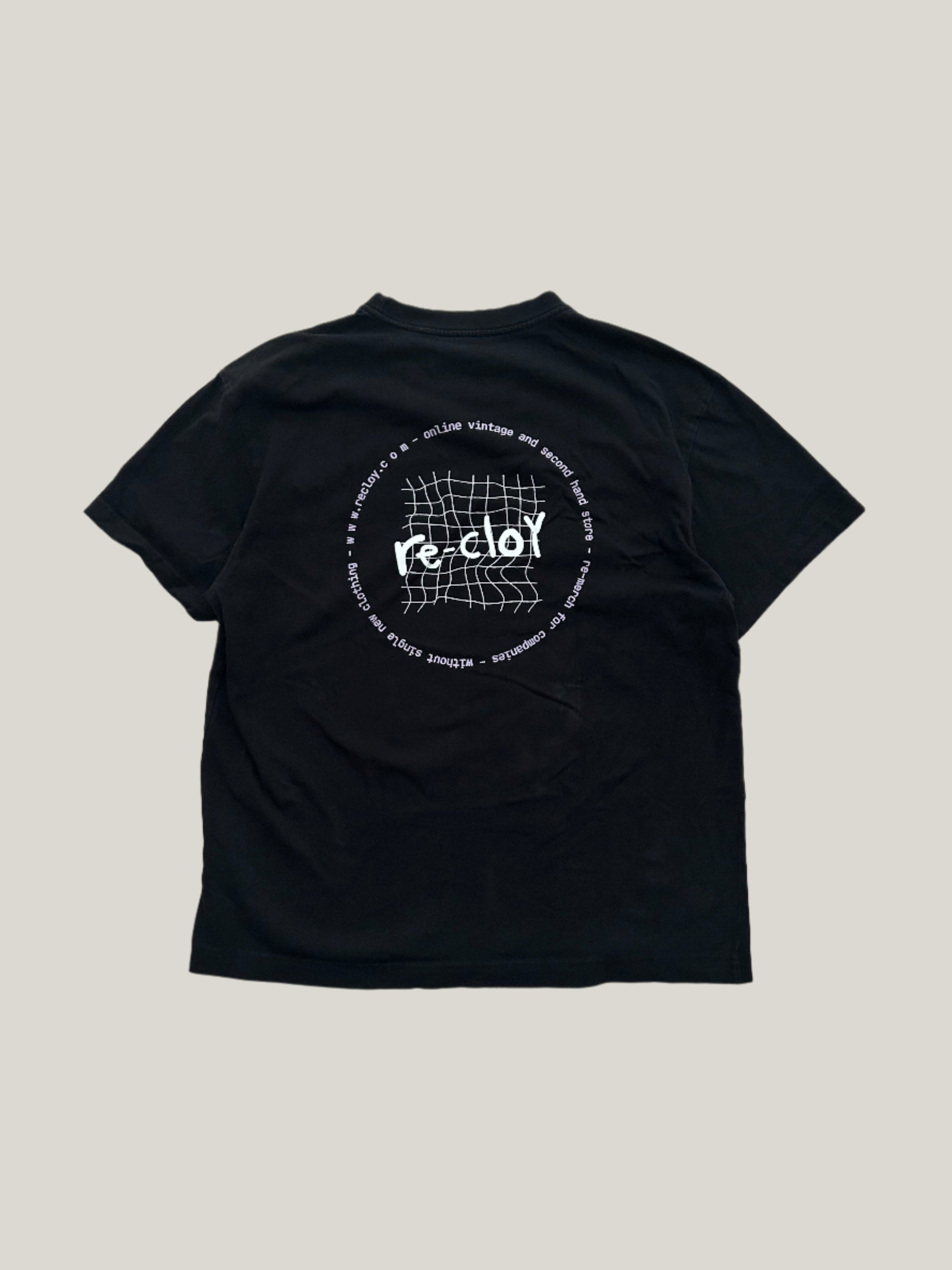 Black re-cloy merch t-shirt with a white logo on a beige background