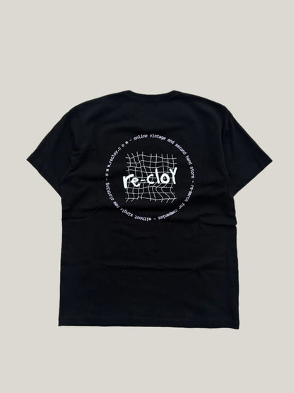 black re-cloy merch t-shirt with white and pink text and graphics on a beige background