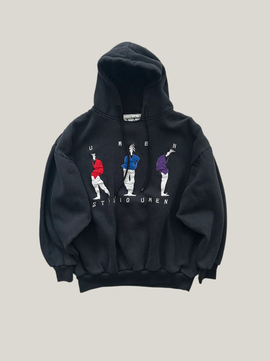vintage Black Umen studios hoodie with colorful graphic design 