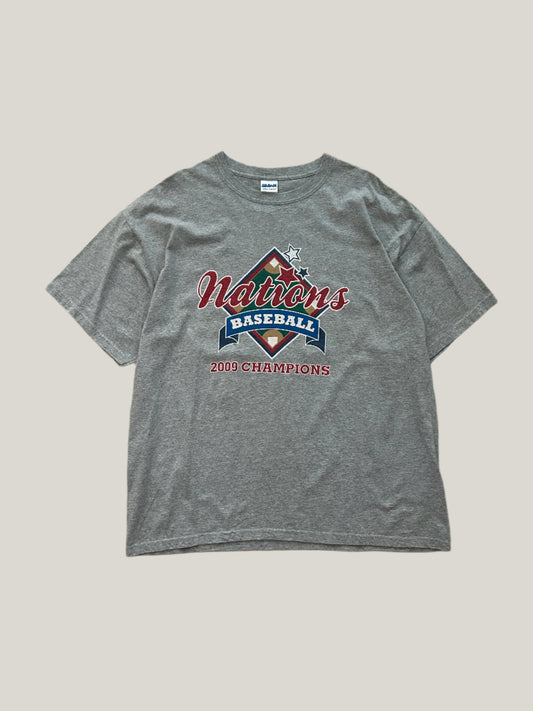 Gray t-shirt with a logo on a gray background