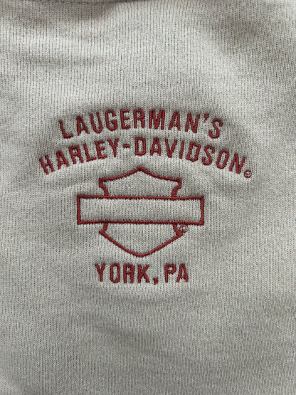 beige sweatshirt with 'Laugerman's Harley-Davidson York, PA' logo.