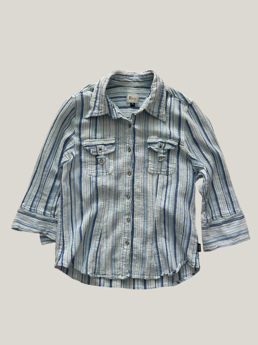 womens striped button-up shirt in different shades of blue with two chest pockets and 3/4 sleeves and collars